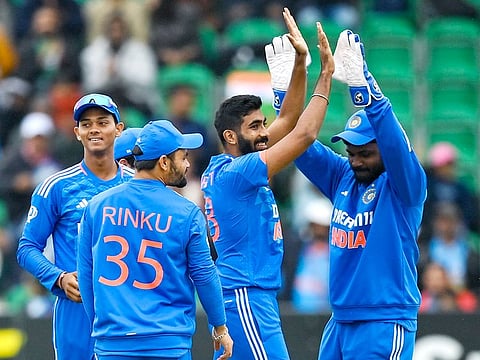 India's skipper Jasprit Bumrah celebrates a wicket during the 1st T20I match against Ireland, at The Village, in Dublin on Friday.