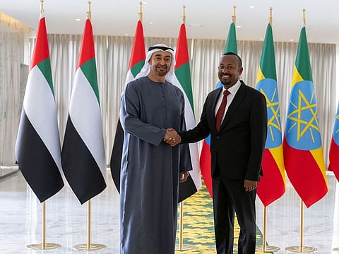 President His Highness Sheikh Mohamed bin Zayed Al Nahyan with Dr Abiy Ahmed, Prime Minister of Ethiopia during his official visit to Ethiopia on Friday