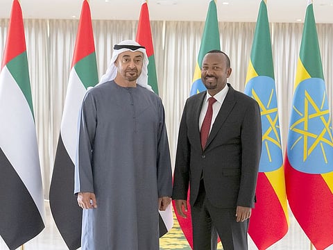 President His Highness Sheikh Mohamed bin Zayed Al Nahyan with Dr Abiy Ahmed, Prime Minister of Ethiopia, stand for a photograph at the Office of the Prime Minister, during an official visit to Addis Ababa.