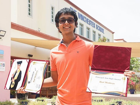 Ruth Mukherjee, 17, a student of The Winchester School – Jebel Ali (WIN) who is battling cancer, celebrates his stellar A level results and the Principal's High Aim Award he received as a special honour..