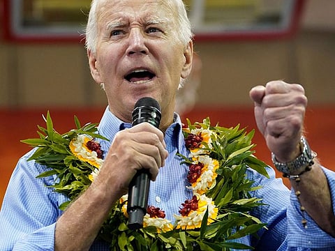 President Joe Biden speaks as he meets with community members impacted by the Maui wildfires at Lahaina Civic Center, Monday, Aug. 21, 2023, in Lahaina, Hawaii.
