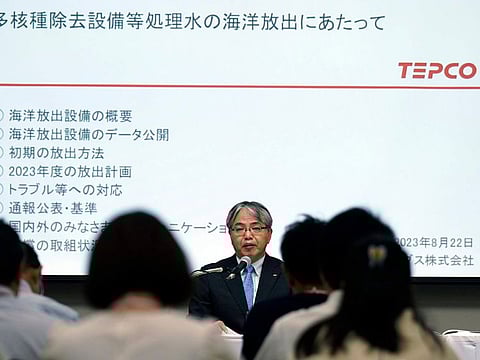 Junichi Matsumoto, the corporate officer in charge of treated water management for Tokyo Electric Power Co. (TEPCO) Holdings, which operates the Fukushima No. 1 nuclear power plant, speaks during a press conference at TEPCO headquarter building Tuesday, Aug. 22, 2023, in Tokyo