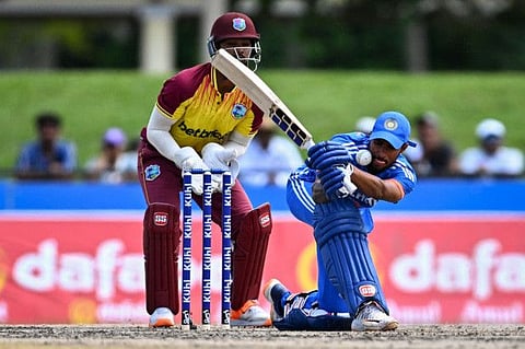 India's Tilak Varma in action during the fifth and final T20I match against West Indies at the Central Broward Regional Park in Lauderhill, Florida, on August 13.