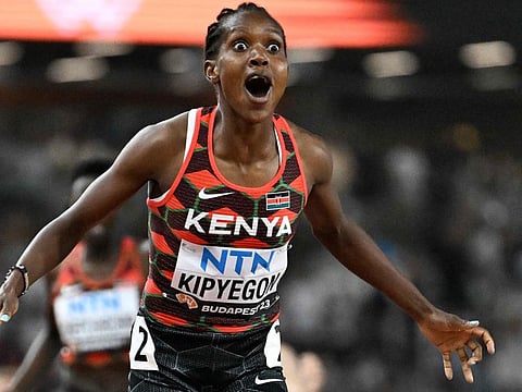 Kenya's Faith Kipyegon celebrates winning the women's 1500m final during the World Athletics Championships at the National Athletics Centre in Budapest on Monday.