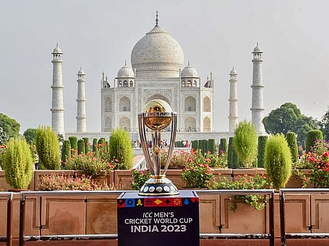 ICC Men's Cricket World Cup 2023 Trophy brought to the Taj Mahal ahead of its tournament on October this year in Agra on Wednesday.
