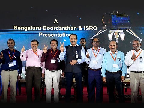 Indian Space Research Organisation (ISRO) Chairman S. Somanath and his officers celebrate the successful landing of spacecraft Chandrayaan-3 on the moon at ISRO's Telemetry, Tracking and Command Network facility in Bengaluru, India, Wednesday, Aug. 23, 2023.