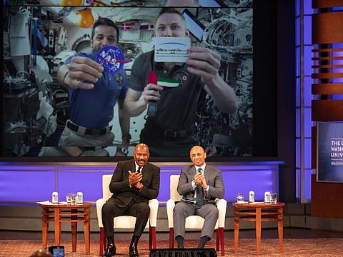 UAE Ambassador Yousef Al Otaiba (R) and Steve Harvey during the Call from Space event with UAE astronaut Sultan Al Neyadi and Nasa astronaut Warren ‘Woody’ Hoburg at the UAE Embassy in Washington D.C.
