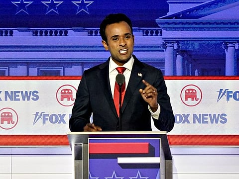 Vivek Ramaswamy, chairman and co-founder of Strive Asset Management and 2024 Republican presidential candidate, during the Republican primary presidential debate hosted by Fox News in Milwaukee, Wisconsin, US, on Wednesday, Aug. 23, 2023. Republican presidential contenders are facing off in their first debate of the primary season, minus frontrunner Donald Trump, who continues to lead his GOP rivals by a double-digit margin.