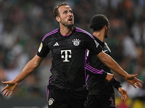 Bayern Munich's English forward Harry Kane celebrates after scoring the team's second goal against Werder Bremen.