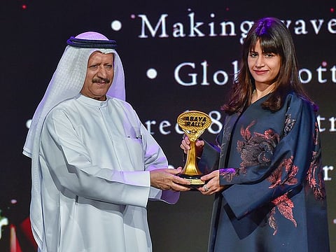 Emirati rally driver Nora Al Jassasi, who was one of the awardees, with Mohammed Saeed Al Kindi during the event on Sunday night the Museum of the Future in Dubai