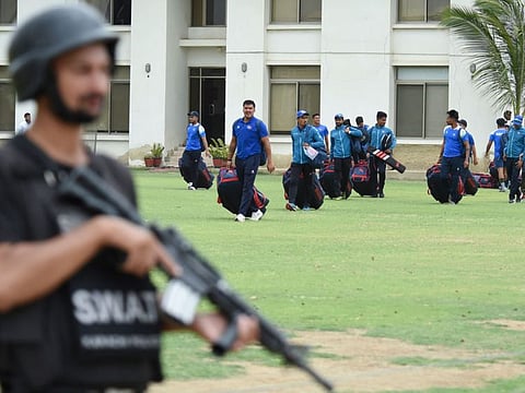 Nepal's players arrive for a practice session at the National Stadium in Karachi, ahead of the Asia Cup 2023.