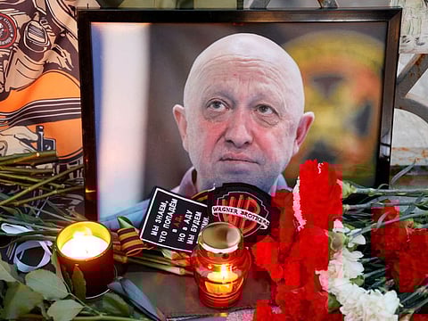 A view shows a portrait of Wagner mercenary chief Yevgeny Prigozhin at a makeshift memorial in Moscow.