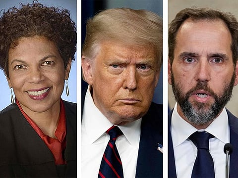From left: Judge Tanya Chutkan, Trump and special counsel Jack Smith.