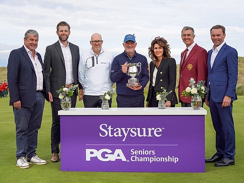Peter Baker (centre) alongside Phil Harrison, CEO Legends Tour, Ryan Howsam, Staysure Group Chairman & Legends Tour Co-owner, Eric Trump, Executive Vice President of Trump Organisation, Sarah Malone, Executive Vice President of Trump International, Tim Rouse, Captain of The PGA of GB&I and Rob Maxfield, CEO of The PGA of GB&I