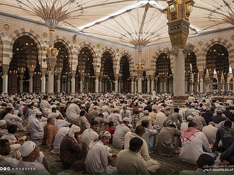 Worshippers attend the Friday congregation prayers at the Prophet’s Mosque in Medina.