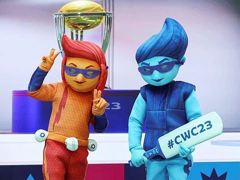 The ICC Men's Cricket World Cup 2023 mascots pose for a picture after they were unveiled during an event at a mall in Gurugram, India, on August 19, 2023.