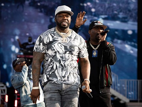 Rapper 50 Cent, left, performs at the Wireless Music Festival in Finsbury Park, July 9, 2023, in London.