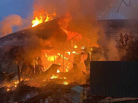 The site of an area hit by a Russian drone and missile strikes strike, in Kyiv region, on August 30, 2023.