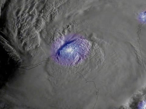 A satellite image shows frequent lightning associated with Hurricane Idalia as it made landfall near Keaton Beach, Florida, U.S.