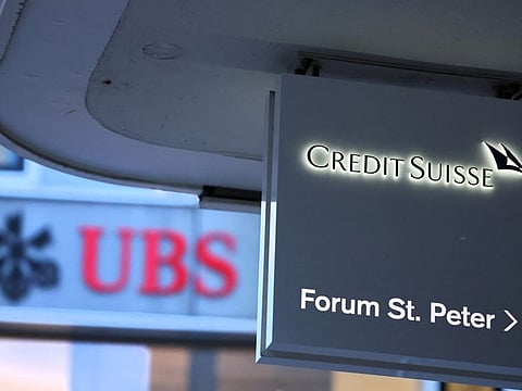 Logos of Swiss banks Credit Suisse and UBS are seen before a news conference in Zurich Switzerland, August 30, 2023. REUTERS/Denis Balibouse