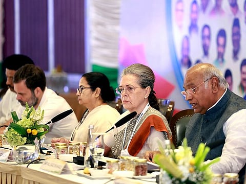 Congress Parliamentary Party (CPP) Chairperson Sonia Gandhi, Congress President Mallikarjun Kharge, party leader Rahul Gandhi and West Bengal Chief Minister Mamata Banerjee attend the joint Opposition meeting in Bengaluru. the INDIA alliance is united in the demand for a caste census, which has the potential to upend Indian politics.