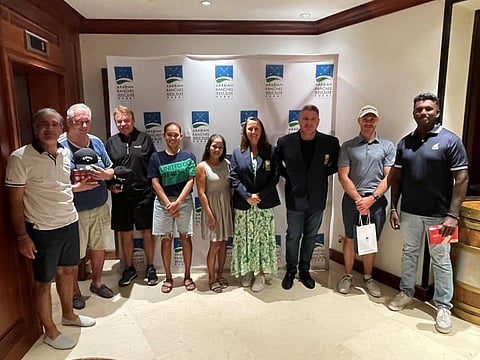 Trifecta Team Stableford from the left, Bruno Pereira, Andrew Dowling, Mel Russ, Abby Amaro, Laira Taylor, Lady Club Captain Nicola Breeze, Club Captain Mark Gathercole, Christopher Andrews & Gayan Fernando