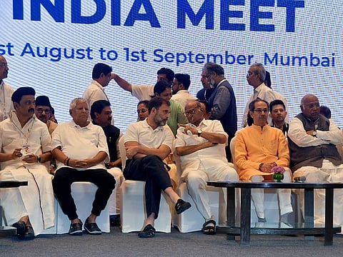 Congress president Mallikarjun Kharge, party leader Rahul Gandhi, Nationalist Congress Party (NCP) chief Sharad Pawar, Rashtriya Janata Dal (RJD) chief Lalu Prasad Yadav and Tamil Nadu chief minister MK Stalin during the Indian National Developmental Inclusive Alliance (INDIA) bloc meeting, in Mumbai (File photo)