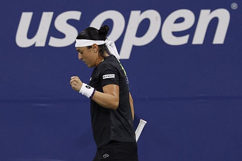 Ons Jabeur of Tunisia reacts after winning a point against Linda Noskova on day four of the 2023 US Open.