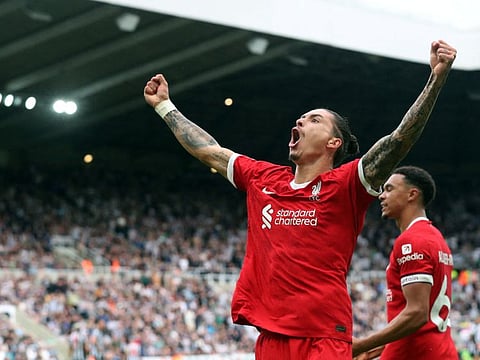 Liverpool's Darwin Nunez celebrates scoring their first goal. The Reds will LASK of Austria, Union Saint-Gilloise of Belgium and French Cup holders Toulouse in Group E.