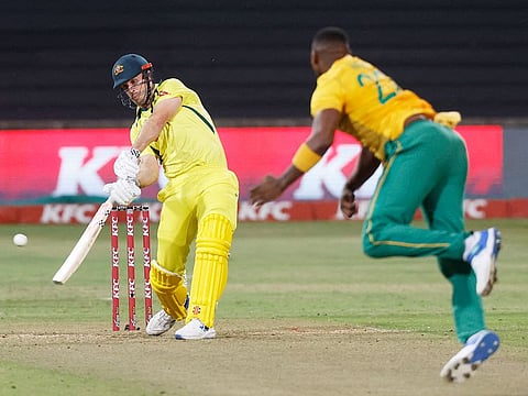 Australia's Mitchell Marsh plays a shot during the 2nd T20I against South Africa at Kingsmead Cricket Ground, in Durban, South Africa, on September 1, 2023.