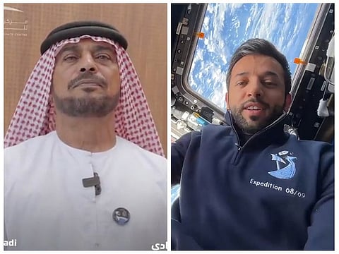 Composite image from screengrabs of video messages by Saif Al Neyadi (left) and Sultan Al Neyadi (right), posted on the X account of Dubai's Mohammed Bin Rashid Space Centre