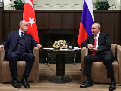 Putin, right, and Erdogan during their meeting in the Bocharov Ruchei residence in the Black Sea resort of Sochi on September 29, 2021.