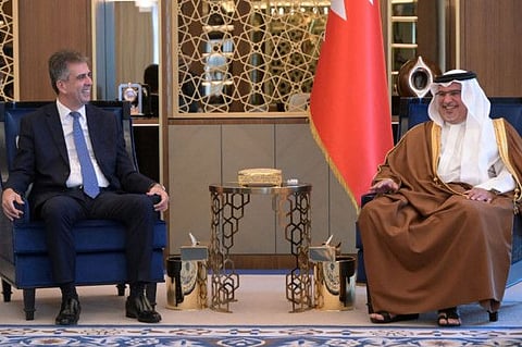 Bahrain's Crown Prince and Prime Minister Salman Bin Hamad Al Khalifa during his meeting with Cohen in Manama, on September 4, 2023.