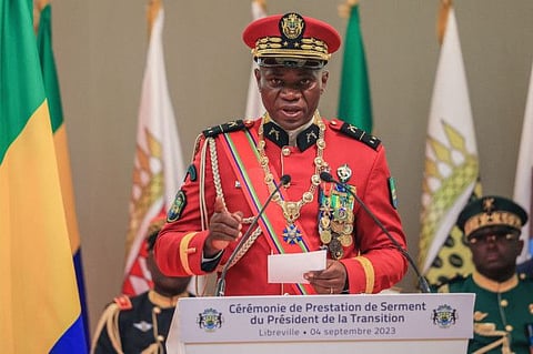 Gabon's new strongman General Brice Oligui Nguema speaks as he is inaugurated as Gabon's interim President, in Libreville on September 4, 2023.