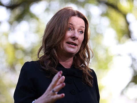 British Education Secretary Gillian Keegan speaks during an interview for GB News, in London, Britain.