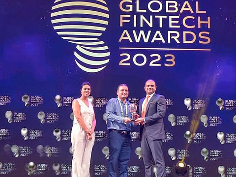 Adeeb Ahamed, MD, LuLu Financial Holdings being awarded with the Leading Personality of the year GCC by Abhishek Arun, President - Platform Strategy & Commercialization, M2P Fintech and Latika Kolnati, Associate Vice President, GFF during the Global Fintech Fest 2023 at Mumbai