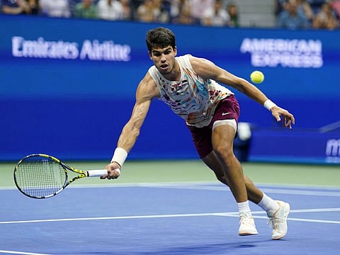 Carlos Alcaraz of Spain hits to Alexander Zverev of Germany of the US Open tournament at USTA Billie Jean King National Tennis Centre.