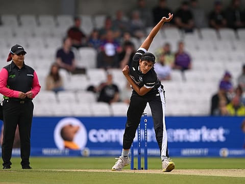 Manchester Originals bowler Mahika Gaur bowls during The Hundred match against Northern Superchargers at Headingley on August 13 in Leeds, England.
