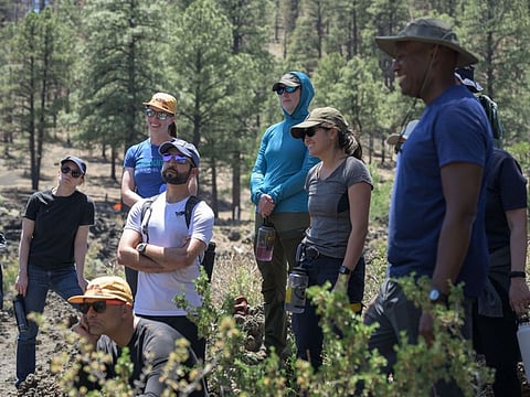 Astronauts Mohammad Al Mulla and Nora Al Matrooshi, the duo who form the second batch of Emirati astronauts, during a field trip of geology training as part of NASA Astronaut Candidate Class of 2021