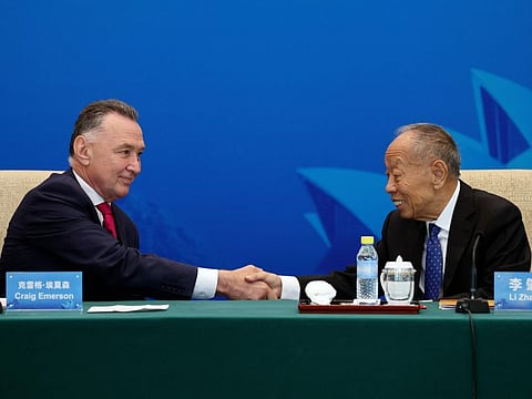 Australia's former Trade Minister Craig Emerson, left, and China's former Foreign Minister Li Zhaoxing at the 7th China-Australia High Level Dialogue at the Diaoyutai State Guesthouse in Beijing on September 7, 2023.