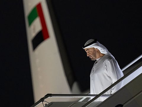 President His Highness Sheikh Mohamed bin Zayed Al Nahyan disembarking from plane as he arrives in New Delhi for participating in G20 Summit.