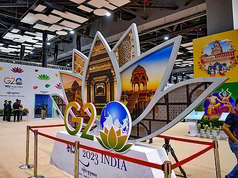A replica of G20 and beautification work at International Media Center of Pragati Maidan in New Delhi