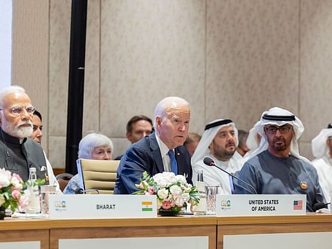 UAE President His Highness Sheikh Mohamed bin Zayed Al Nahyan with US President Joe Biden and Indian Prime Minister Narendra Modi at the India-Middle East-Europe Economic Corridor talks at G20.