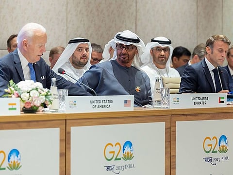 President His Highness Sheikh Mohamed Bin Zayed Al Nahyan attends India-Middle East-Europe Economic Corridor, on the sidelines of the G20 Summit, New Delhi at IECC Convention Centre, along with Joe Biden, President of the United States, and French President Emmanuel Macron.