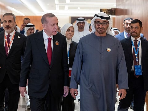 President His Highness Sheikh Mohamed bin Zayed Al Nahyan (front right) with Recep Tayyip Erdogan, President of the Republic of Turkey, at the G20 Summit in New Delhi on Saturday