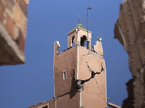 A cracked mosque minaret stands after an earthquake in Moulay Brahim village, near Marrakesh.