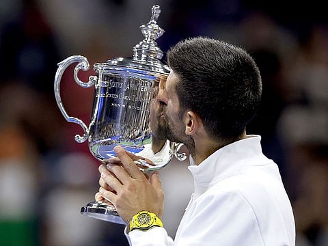 Novak Djokovic of Serbia celebrates after defeating Daniil Medvedev of Russia during their Men's Singles Final match on Day Fourteen of the 2023 US Open at the USTA Billie Jean King National Tennis Center