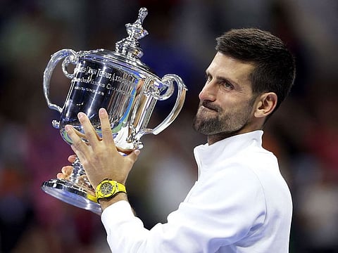 Novak Djokovic of Serbia celebrates after defeating Daniil Medvedev of Russia during their Men's Singles final of the 2023 US Open at the USTA Billie Jean King National Tennis Center on September 10, 2023 in New York. The win took Djokovic’s grand slam tally to 24 titles.