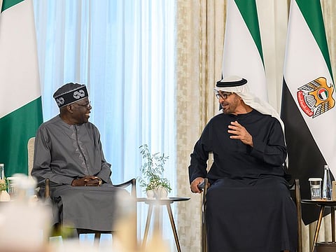 President His Highness Sheikh Mohamed bin Zayed Al Nahyan (right) with Bola Ahmed Tinubu, President of the Federal Republic of Nigeria, at Qasr Al Shati in Abu Dhabi on Monday