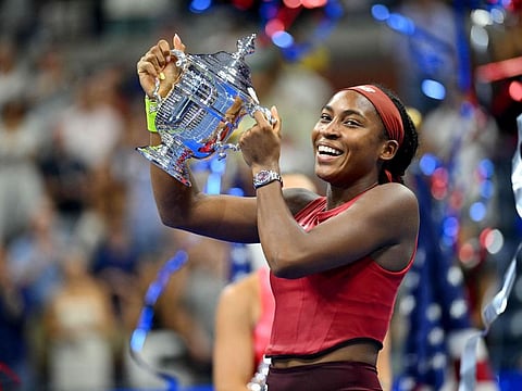 Coco Gauff of the United States holds the trophy after defeating Belarus’s Aryna Sabalenka in the US Open tennis tournament women's singles final at the USTA Billie Jean King National Tennis Center in New York City, on September 9, 2023. Gauff became the 10th teenager to win at Flushing Meadows.